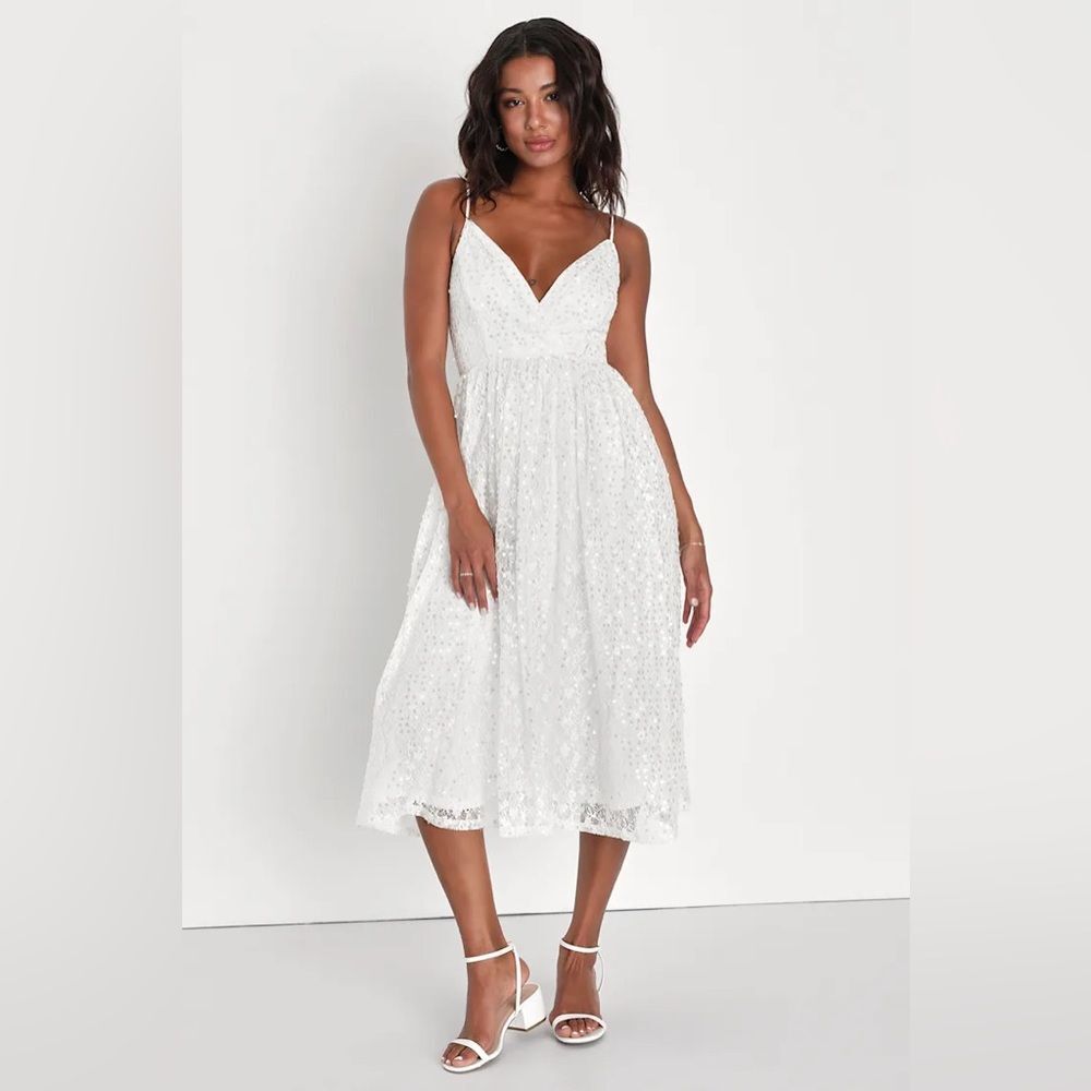 Lulus Dreamy Drama White Lace Sequin A-Line Midi Dress